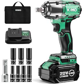 KIMO Cordless Impact Wrench 1/2" with 814N.M (600ft-lbs) Max Torque, 3000 RPM, 2 x 3000mAh Batteries, 20V Electric Impact Wrench with 1 Hour Fast Charger & Variable Speeds, 1/2 Impact Gun for Car Home