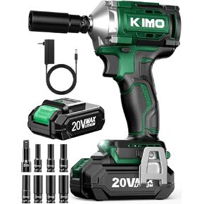 KIMO Cordless Impact Wrench 1/2" with 814N.M (600ft-lbs) Max Torque, 3000 RPM, 2 x 3000mAh Batteries, 20V Electric Impact Wrench with 1 Hour Fast Charger & Variable Speeds, 1/2 Impact Gun for Car Home