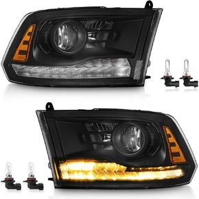 مجموعة المصابيح الأمامية LED لجهاز عرض المصنع لـ 2013-2018 Dodge Ram 1500 2500 3500، استبدال زوج مجموعة المصابيح الأمامية لـ 2019 Ram 1500 Classic فقط الإسكان الأسود لجهاز العرض مع العنبر DRL