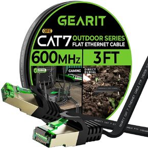 GearIT Cat 7 Outdoor Flat Ethernet Cable (25ft, Black) Direct Burial Rated LLDPE Jacket - Indoor Cat7 Shielded FTP 600MHz 10Gbps High Speed Gaming Computer Network RJ45 Snagless Patch Cord Internet