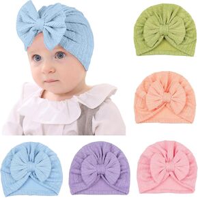 Happy Cherry Newborn Hats with Bow Solid Color Baby Turban Breathable Infant Cap Toddler Cute Headwear Girls 0-2 Years 5 Pack