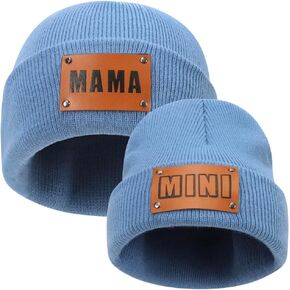 2 Pcs Parent-Child Beanie Hats Mama and Mini Leather Patch Winter Knitted Cap Warm Cuffed Ski Cap Kids Soft Beanie Cap