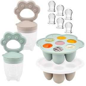 Ginbear Silicone Baby Fruit Food Feeder & Freezer Tray Set of 2, Infant Feeder Pacifiers with 6 Extra Pouches, Breast Teething Milk Popsicle Molds Combo 4 Months+ (Mauve/Baby Pink)