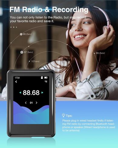 MP3 Player with Bluetooth 5.3,Tokemisc 16GB Full Touchscreen Kids Portable Music Device with Speaker,FM Radio,E-Book,Built-in Micro SD Card Slot,Earphones Included,Max 256GB Expand in Saudi Arabia
