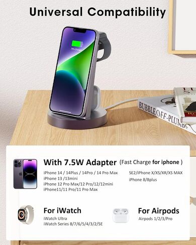 Wireless Charging Station, 3 in 1 Wireless Charger for iPhone 15/14/13/12/11/Pro/SE/XS/XR/X/8 Plus/8, Fast Wireless Charging Stand Dock for Apple Watch Series & Airpods in Saudi Arabia