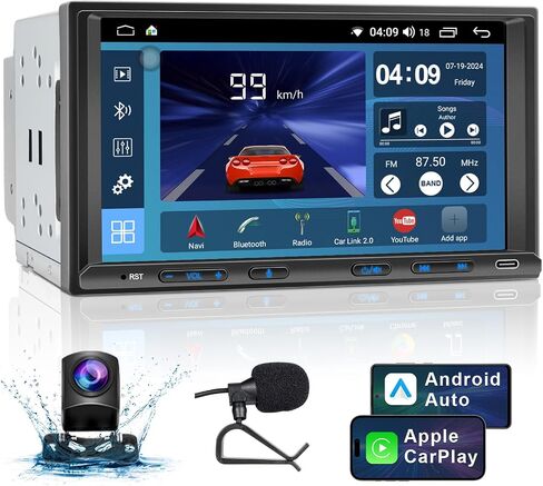 ستيريو سيارة مزدوج الدين: راديو سيارة مزدوج الدين مقاس 7 بوصات متوافق مع Apple Carplay اللاسلكي وAndroid Auto - مشغل استقبال صوت السيارة بشاشة تعمل باللمس مزدوج مع كاميرا احتياطية 1080 بكسل، الملاحة in Kuwait