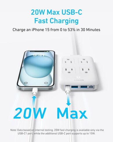 Anker Charging Station, 20W Max 8-in-1 USB-C Power Strip for iPhone 15/14 and MacBook Air/Pro, 5 ft Thin Cord with 4 AC, 2 USB-A, and 2 USB-C Ports, Fast Charging Desktop Charger for Travel, Office in Saudi Arabia