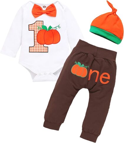 Viworld بيبي بوي هالوين 3 قطعة ملابس عيد ميلاد اليقطين طويلة الأكمام ربطة عنق رومبير + سروال طباعة واحدة + قبعة الملابس مجموعة in Kuwait