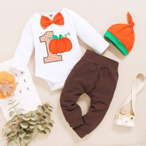 Viworld بيبي بوي هالوين 3 قطعة ملابس عيد ميلاد اليقطين طويلة الأكمام ربطة عنق رومبير + سروال طباعة واحدة + قبعة الملابس مجموعة in Kuwait