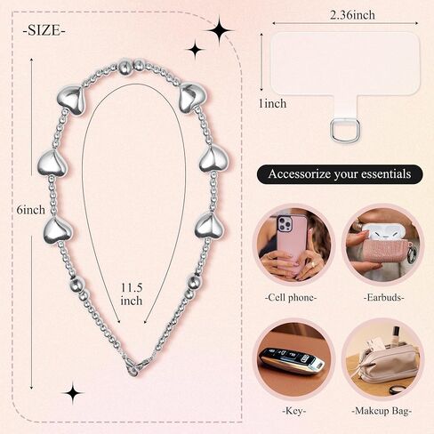 GVIEWIN Phone Charm Beaded Wrist Strap with Tether Tab | Hands-Free & Anti-drop, Detachable Phone Chain Wristlet for Women Girls for iPhone & Most Smartphones, Silver Love in Kuwait