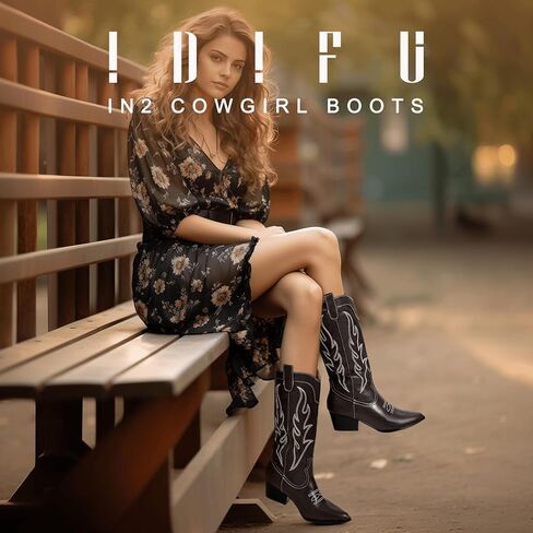 IDIFU IN2 Cowboy Boots for Women Cowgirl Boots Western Boots Mid Calf Chunky Low Heel Pointed Toe Embroidered Country Boots Cute Fashion Booties for Women Dress Wedding Heeled Boots in Saudi Arabia