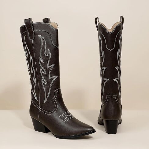 IDIFU IN2 Cowboy Boots for Women Cowgirl Boots Western Boots Mid Calf Chunky Low Heel Pointed Toe Embroidered Country Boots Cute Fashion Booties for Women Dress Wedding Heeled Boots in Saudi Arabia