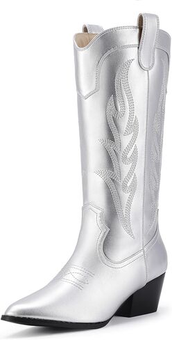 IDIFU IN2 Cowboy Boots for Women Cowgirl Boots Western Boots Mid Calf Chunky Low Heel Pointed Toe Embroidered Country Boots Cute Fashion Booties for Women Dress Wedding Heeled Boots in Saudi Arabia