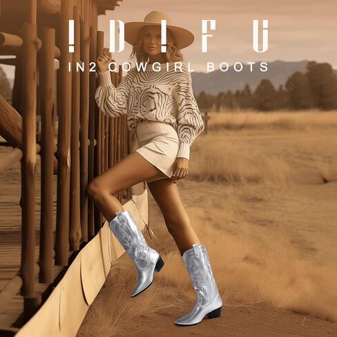 IDIFU IN2 Cowboy Boots for Women Cowgirl Boots Western Boots Mid Calf Chunky Low Heel Pointed Toe Embroidered Country Boots Cute Fashion Booties for Women Dress Wedding Heeled Boots in Saudi Arabia
