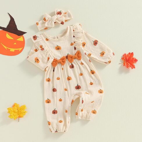 Newborn Baby Girl Boy Halloween Clothes Ruffle Sleeve Pumpkin Jumpsuit Cotton Linen Romper Bodysuit Halloween Outfit in Kuwait