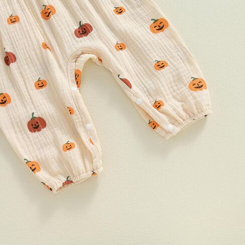 Newborn Baby Girl Boy Halloween Clothes Ruffle Sleeve Pumpkin Jumpsuit Cotton Linen Romper Bodysuit Halloween Outfit in Kuwait