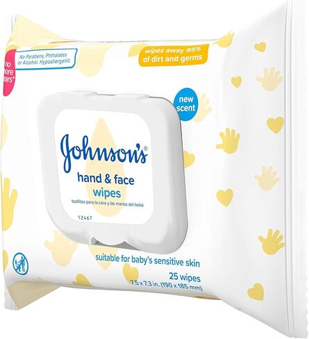 مناديل مبللة لتنظيف اليدين والوجه من جونسون للسفر وأثناء التنقل، تركيبة لا دموع بعد الآن، خالية من البارابين والكحول، 25 قطعة in Kuwait