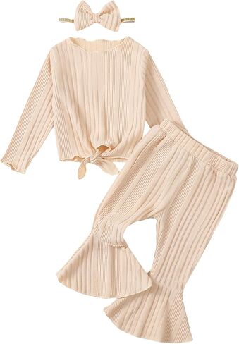 Kucnuzki Baby Girl Clothes Toddler Clothes Long Sleeve Plain Shirts Top Bell Bottoms Flare Pants Infant Girl Fall Outfit in Saudi Arabia