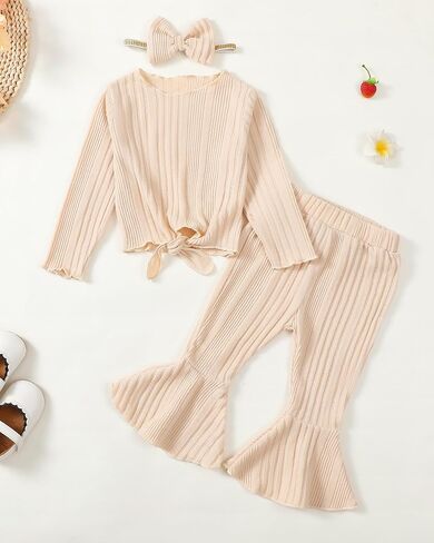 Kucnuzki Baby Girl Clothes Toddler Clothes Long Sleeve Plain Shirts Top Bell Bottoms Flare Pants Infant Girl Fall Outfit in Saudi Arabia