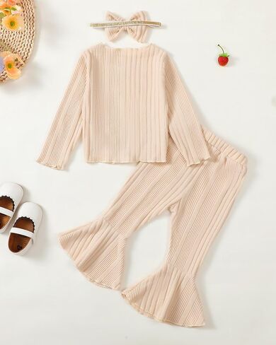 Kucnuzki Baby Girl Clothes Toddler Clothes Long Sleeve Plain Shirts Top Bell Bottoms Flare Pants Infant Girl Fall Outfit in Saudi Arabia