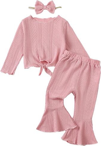 Kucnuzki Baby Girl Clothes Toddler Clothes Long Sleeve Plain Shirts Top Bell Bottoms Flare Pants Infant Girl Fall Outfit in Saudi Arabia