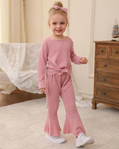 Kucnuzki Baby Girl Clothes Toddler Clothes Long Sleeve Plain Shirts Top Bell Bottoms Flare Pants Infant Girl Fall Outfit in Saudi Arabia