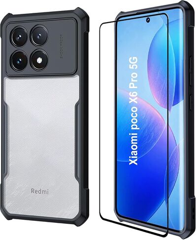Case for Poco X6 Pro 5G, Ultra-Thin Minimalist Soft TPU Bumper + Transparent Acrylic Back Case, Camera Protector Case + 1 Tempered Glass – Black in Saudi Arabia