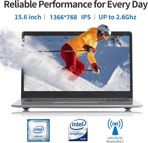 SGIN 15.6 Inch Laptops, Laptop Computer with 4GB RAM 128GB SSD, Expandable 1TB, Celeron Quad-Core Processor(Up to 2.6GHz), 5G WiFi, Type-C, Mini HDMI, Webcam, USB 3.2(Silver) in Kuwait
