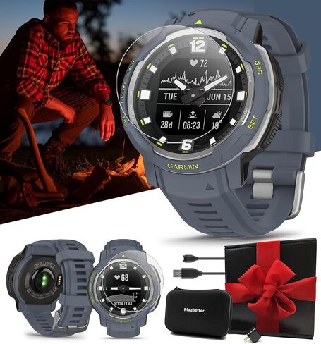 ساعة ذكية هجينة متينة من Garmin Instinct Crossover Solar (أزرق مدي) مع عقارب تناظرية وشاشة رقمية | صندوق هدايا مع واقيات الشاشة ومحول الحائط والحافظة الصلبة | متوافق مع الهاتف الذكي in Saudi Arabia