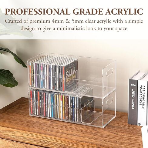 MyGift 2 Pcs Clear Acrylic CD Holders, Stackable Compact Disc Storage Box | Music Disc DVD Display Cases, Modern Media Cassette Organizers with Cutout Carrying Handles Album Collection Holder Case in Kuwait