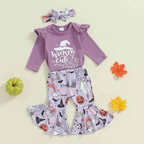 Honganda Newborn Baby Girl Halloween Outfit Long Sleeve Romper Pumpkin Ghost Flare Pants with Headband 3Pcs Clothes Set in Saudi Arabia