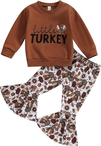 BemeyourBBs Toddler Baby Girl Thanksgiving Outfit Sweatshirt Flared Pants | Toddler Baby Girl Thanksgiving Outfit Crewneck Sweatshirt Bell Bottom Pants Set Fall Winter Clothes 6 Months-4 Years in Kuwait
