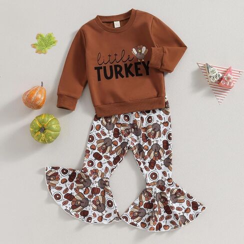 BemeyourBBs Toddler Baby Girl Thanksgiving Outfit Sweatshirt Flared Pants | Toddler Baby Girl Thanksgiving Outfit Crewneck Sweatshirt Bell Bottom Pants Set Fall Winter Clothes 6 Months-4 Years in Kuwait