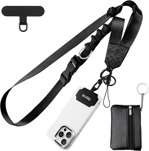 Azrra Adjustable Crossbody Cell Phone Lanyard for iPhone with Phone Tethers & Retractable ID Badge Card Holder (Bling Black) in Kuwait