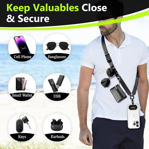 Azrra Adjustable Crossbody Cell Phone Lanyard for iPhone with Phone Tethers & Retractable ID Badge Card Holder (Bling Black) in Kuwait