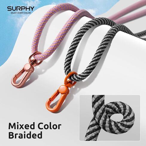 SURPHY Phone Lanyard Crossbody, Adjustable Cell Phone Lanyard with 2 Pack Phone Tether Tab, Two-Color Braided Phone Strap with Carabiner, Pink & Purple in Saudi Arabia