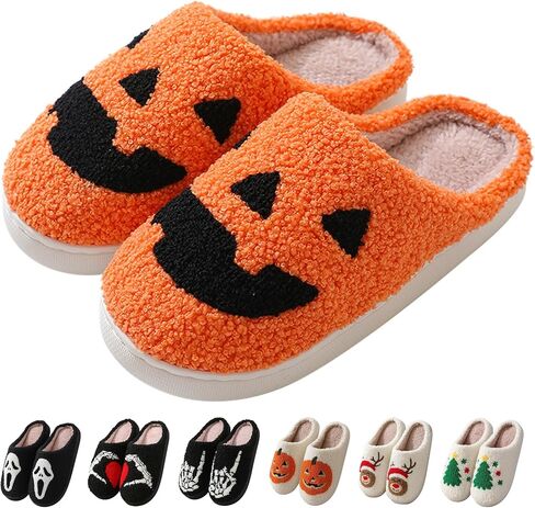 Halloween Slippers for Women Men, Soft Plush Fuzzy Winter holiday slippers, Retro Cozy House Slippers, Comfy Bedroom Christmas Slippers Indoor Outdoor Shoes in Kuwait