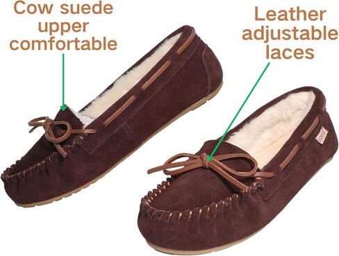 Women's Moccasin Slippers Ladies Genuine Suede Slippers Moccasins Slip On Loafer Shoes Warm Faux Fur Lining Lace-Up Cozy Bow Indoor & Outdoor in Saudi Arabia