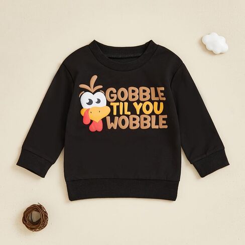 Karuedoo Toddler Baby Boy Girl Thanksgiving Outfit Gobble Til You Wobble Turkey Sweatshirt Crewneck Long Sleeve Pullover Top in Kuwait