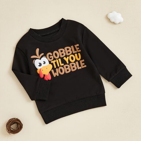 Karuedoo Toddler Baby Boy Girl Thanksgiving Outfit Gobble Til You Wobble Turkey Sweatshirt Crewneck Long Sleeve Pullover Top in Kuwait