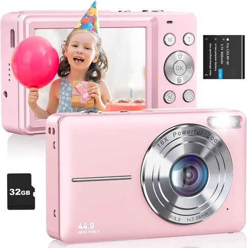 كاميرا رقمية، كاميرا FHD 1080P للأطفال، كاميرات رقمية بدقة 44 ميجابكسل مع بطاقة 32 جيجابايت، تكبير رقمي 16X، مضادة للاهتزاز، كاميرات صغيرة مدمجة للأولاد والبنات والمراهقين، أسود in Kuwait