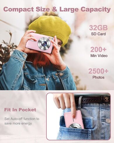 كاميرا رقمية، كاميرا FHD 1080P للأطفال، كاميرات رقمية بدقة 44 ميجابكسل مع بطاقة 32 جيجابايت، تكبير رقمي 16X، مضادة للاهتزاز، كاميرات صغيرة مدمجة للأولاد والبنات والمراهقين، أسود in Kuwait