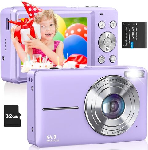 كاميرا رقمية، كاميرا FHD 1080P للأطفال، كاميرات رقمية بدقة 44 ميجابكسل مع بطاقة 32 جيجابايت، تكبير رقمي 16X، مضادة للاهتزاز، كاميرات صغيرة مدمجة للأولاد والبنات والمراهقين، أسود in Kuwait
