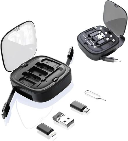 مجموعة كابل شحن محول USB قابل للسحب 6 في 1 من GBM US، محول USB C إلى الإضاءة، USB-A ونوع C إلى النوع C/Micro/Lighting، نقل البيانات، صندوق تخزين البطاقات، حامل الهاتف (أسود) in Saudi Arabia