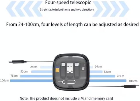 مجموعة كابل شحن محول USB قابل للسحب 6 في 1 من GBM US، محول USB C إلى الإضاءة، USB-A ونوع C إلى النوع C/Micro/Lighting، نقل البيانات، صندوق تخزين البطاقات، حامل الهاتف (أسود) in Saudi Arabia