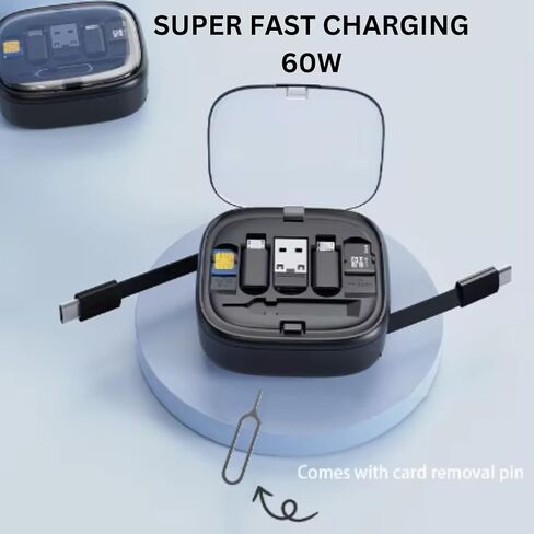 مجموعة كابل شحن محول USB قابل للسحب 6 في 1 من GBM US، محول USB C إلى الإضاءة، USB-A ونوع C إلى النوع C/Micro/Lighting، نقل البيانات، صندوق تخزين البطاقات، حامل الهاتف (أسود) in Saudi Arabia