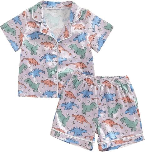 MAINESAKA Kids Baby Girl Boy Satin Pajamas Set Short sleeve Button Down Shirt And Shorts Pjs Summer Sleepwear Nightwear in Saudi Arabia