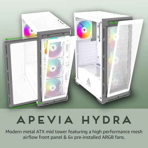 Apevia Hydra-BK Hydra Mid Tower Gaming PC Case w/ 6X 120mm ARGB Fans, 366 RGB Light Modes, High Performance Breathable Airflow Mesh Front Panel, Tempered Glass Side Panel, 1X USB3.0, 2X USB2.0, Black in Kuwait