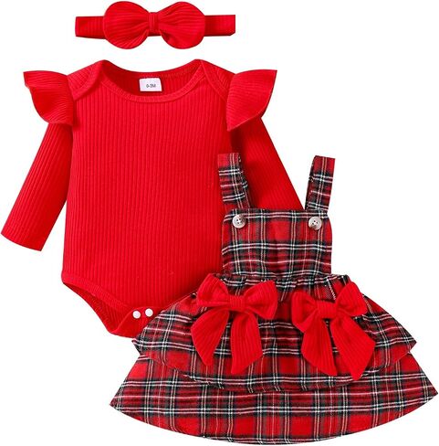 Baby Girl Clothes Fall Winter Outfit Long Sleeve Ruffle Romper Plaid Skirt Bow Headband 3 Pcs Set 0-18 Months in Kuwait