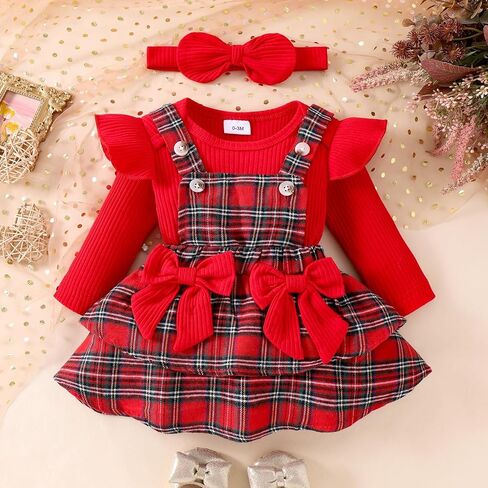 Baby Girl Clothes Fall Winter Outfit Long Sleeve Ruffle Romper Plaid Skirt Bow Headband 3 Pcs Set 0-18 Months in Kuwait